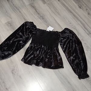 NWT Black Crushed Velvet Boho Phesant Smocked Top